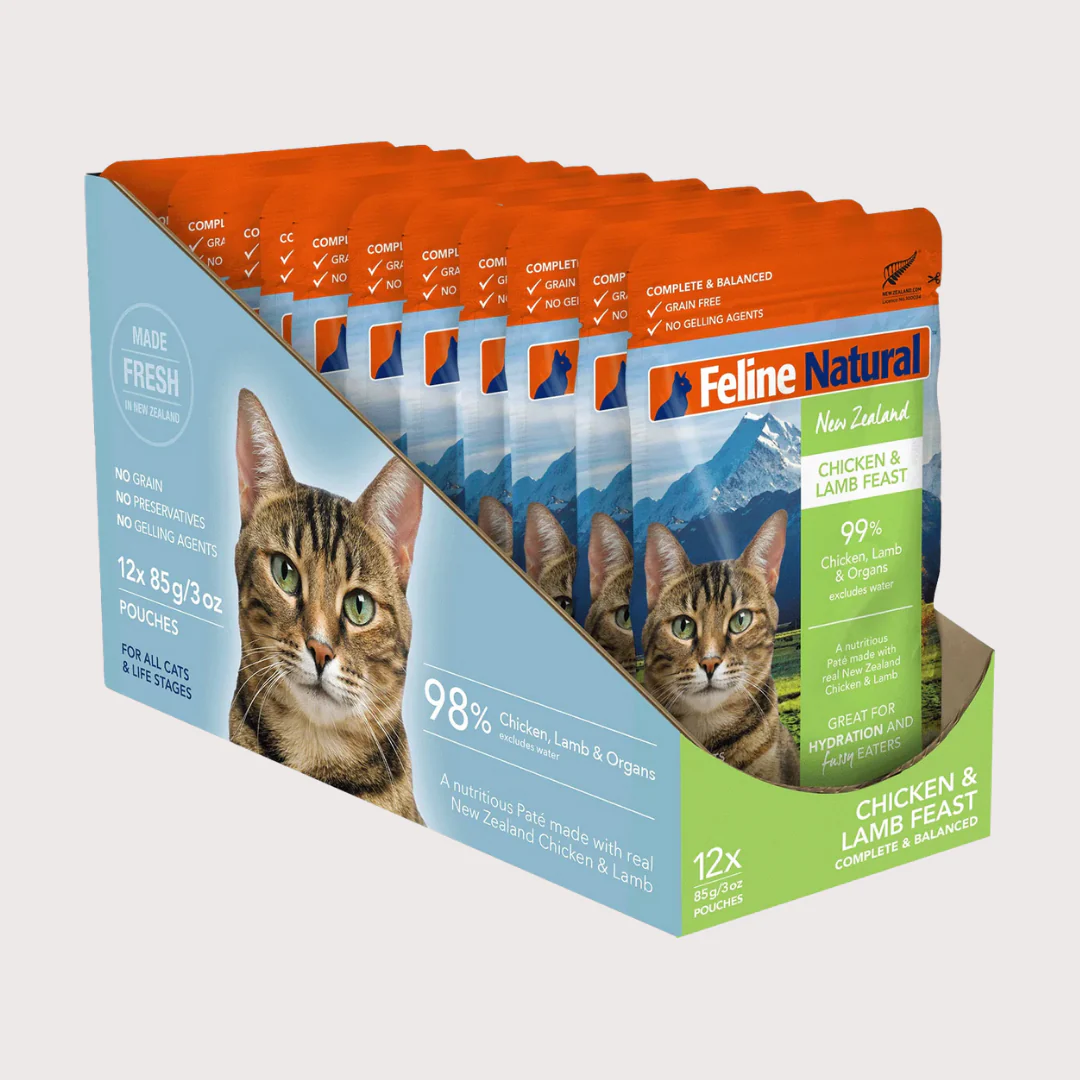 Feline Natural - 貓軟包（85g x 12包）（牛肉藍尖尾鱈魚／雞肉及羊肉／羊肉及三文魚）