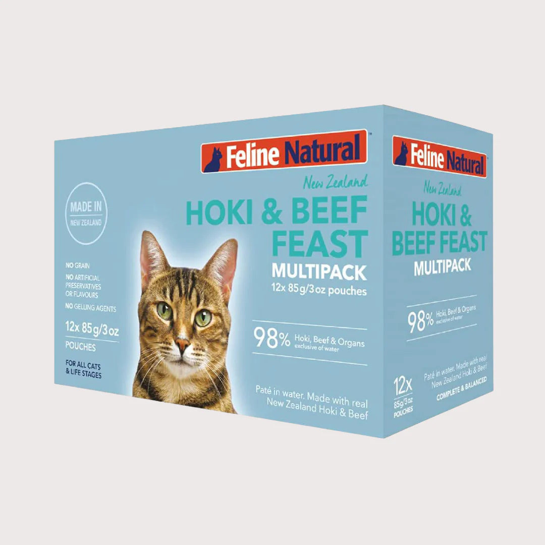 Feline Natural - 貓軟包（85g x 12包）（牛肉藍尖尾鱈魚／雞肉及羊肉／羊肉及三文魚）