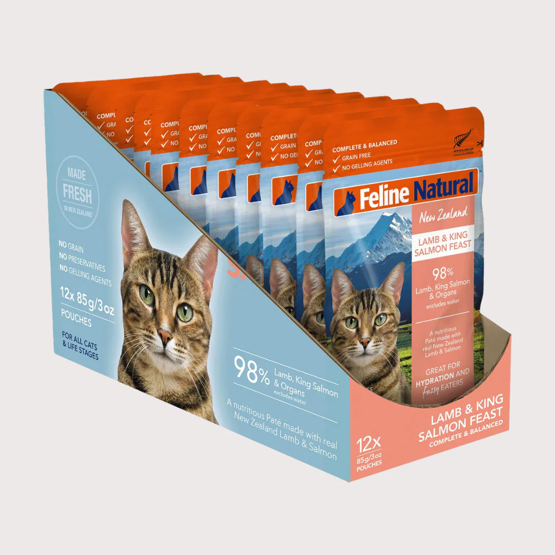 Feline Natural - 貓軟包（85g x 12包）（牛肉藍尖尾鱈魚／雞肉及羊肉／羊肉及三文魚）