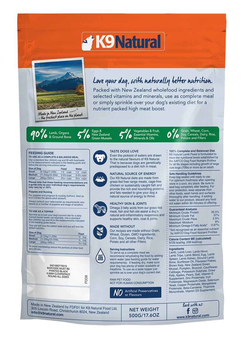 K9 Natural - 凍乾生肉狗糧 - 羊肉盛宴（500g／1.8 kg／3.6 kg）